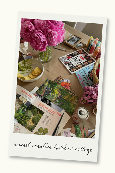 Table with scattered magazines, flowers and snacks during a collage session. A Polaroid frame surrounds the photo, and text on the frame reads "newest creative hobby: collage."